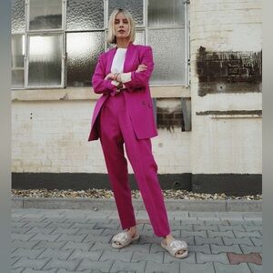Theory Hot Pink Linen Suit Set Double Breasted Blazer & Trousers 6